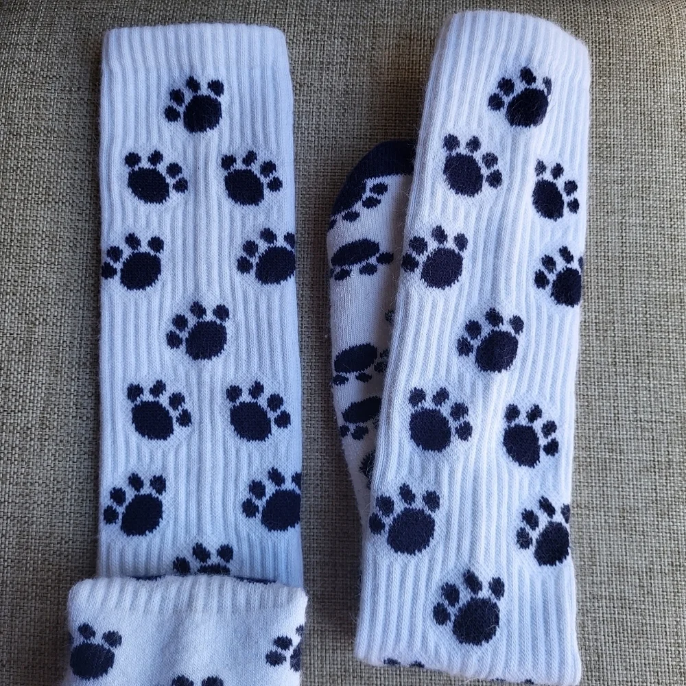 White Socks with Navy Blue Paw Prints